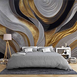 3 Boyutlu Siyah Gri Altın Simli Desenli Duvar Kağıdı - Dkm758048 250x260 cm