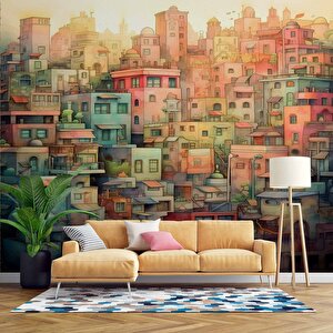 Sanatsal Ev Çizim Desenli Duvar Kağıdı - Dkm979016 500x200 cm