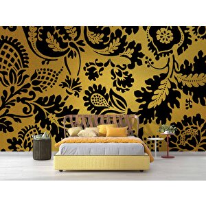 3 Boyutlu Altın Simli Siyah Motifli Desenli Duvar Kağıdı - Dkm830067 200x280 cm