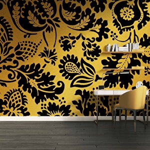 3 Boyutlu Altın Simli Siyah Motifli Desenli Duvar Kağıdı - Dkm830067