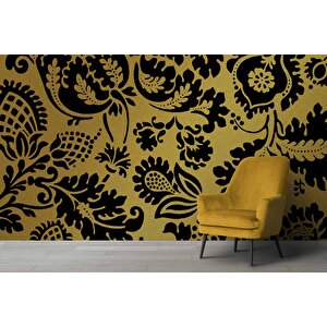 3 Boyutlu Altın Simli Siyah Motifli Desenli Duvar Kağıdı - Dkm830067
