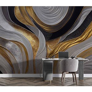 3 Boyutlu Siyah Gri Altın Simli Desenli Duvar Kağıdı - Dkm758067