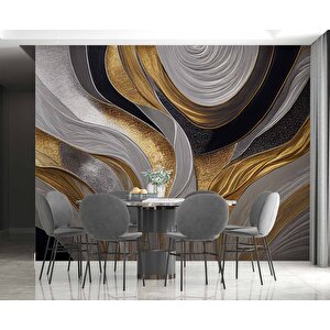 3 Boyutlu Siyah Gri Altın Simli Desenli Duvar Kağıdı - Dkm758067