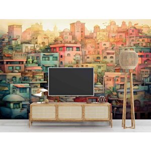 Sanatsal Ev Çizim Desenli Duvar Kağıdı - Dkm979008 300x200 cm