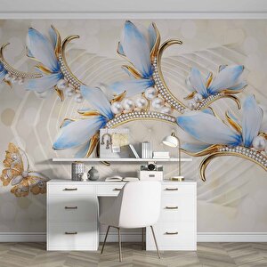 3 Boyutlu Mavi Çiçek Ve İnci Desenli Duvar Kağıdı - Dkm088112