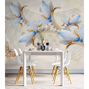 3 Boyutlu Mavi Çiçek Ve İnci Desenli Duvar Kağıdı - Dkm088112