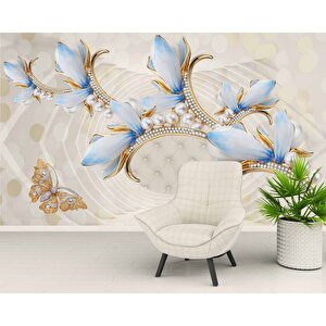 3 Boyutlu Mavi Çiçek Ve İnci Desenli Duvar Kağıdı - Dkm088112