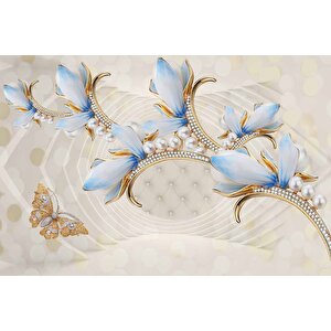 3 Boyutlu Mavi Çiçek Ve İnci Desenli Duvar Kağıdı - Dkm088112