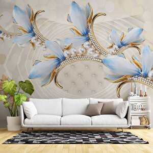 3 Boyutlu Mavi Çiçek Ve İnci Desenli Duvar Kağıdı - Dkm088014 450x200 cm