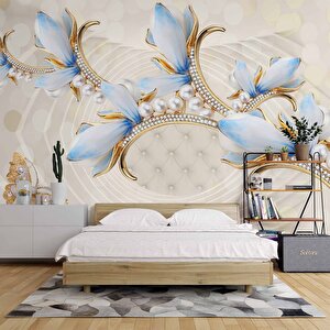 3 Boyutlu Mavi Çiçek Ve İnci Desenli Duvar Kağıdı - Dkm088014 450x200 cm