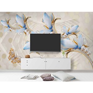 3 Boyutlu Mavi Çiçek Ve İnci Desenli Duvar Kağıdı - Dkm088014 450x200 cm
