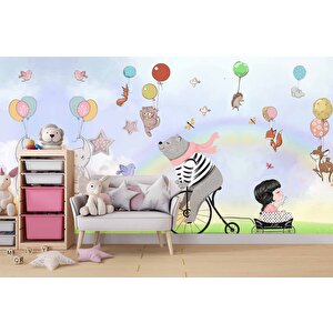 Balonlu Ayıcık Ve Kız Çocuğu Duvar Kağıdı Baskı - Dkm0187092 300x300 cm