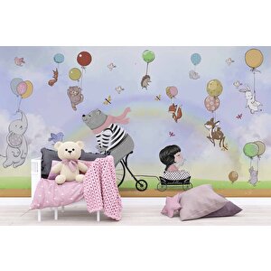 Balonlu Ayıcık Ve Kız Çocuğu Duvar Kağıdı Baskı - Dkm0187092