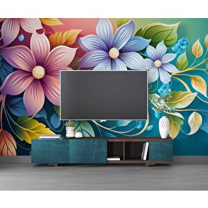 3 Boyutlu Rengarenk Çiçek Temalı Duvar Kağıdı - Dkb962019 600x200 cm
