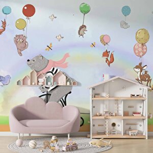Balonlu Ayıcık Ve Kız Çocuğu Duvar Kağıdı Baskı - Dkm0187010 350x200 cm