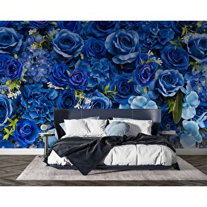 3 Boyutlu Mavi Çiçek Desenli Duvar Kağıdı - Dkm712063 800x260 cm