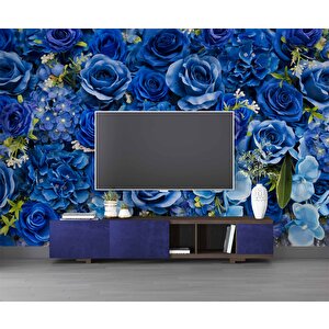 3 Boyutlu Mavi Çiçek Desenli Duvar Kağıdı - Dkm712063 800x260 cm