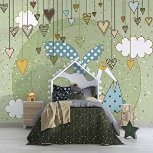 Bebek Getiren Sevimli Leylek Çocuk Odası Duvar Kağıdı Baskı - Dkm422118