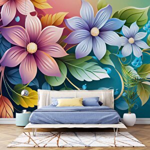 3 Boyutlu Rengarenk Çiçek Temalı Duvar Kağıdı - Dkb962105 800x300 cm