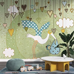 Bebek Getiren Sevimli Leylek Çocuk Odası Duvar Kağıdı Baskı - Dkm422012 400x200 cm