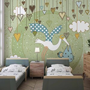 Bebek Getiren Sevimli Leylek Çocuk Odası Duvar Kağıdı Baskı - Dkm422052 350x260 cm