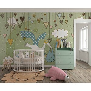 Bebek Getiren Sevimli Leylek Çocuk Odası Duvar Kağıdı Baskı - Dkm422052 350x260 cm
