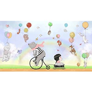 Balonlu Ayıcık Ve Kız Çocuğu Duvar Kağıdı Baskı - Dkm0187052