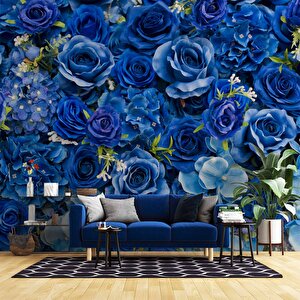 3 Boyutlu Mavi Çiçek Desenli Duvar Kağıdı - Dkm712006 250x200 cm
