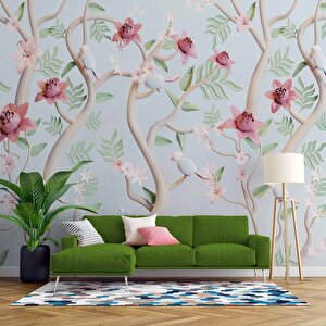 Yeşil Zemin Pembe Kırmızı Çiçek Desenli Duvar Kağıdı - Dkm911073 350x280 cm