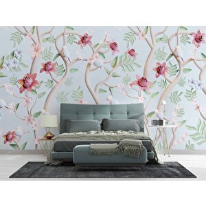 Yeşil Zemin Pembe Kırmızı Çiçek Desenli Duvar Kağıdı - Dkm911073 350x280 cm