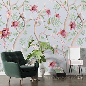 Yeşil Zemin Pembe Kırmızı Çiçek Desenli Duvar Kağıdı - Dkm911073