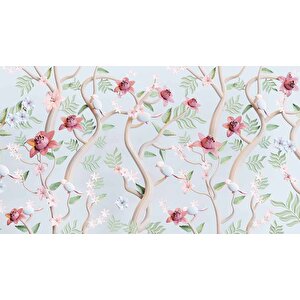 Yeşil Zemin Pembe Kırmızı Çiçek Desenli Duvar Kağıdı - Dkm911073