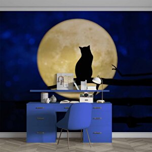 Kedi Ve Ay Temalı Duvar Kağıdı Baskı - Dkm625047