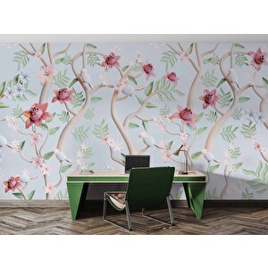 Yeşil Zemin Pembe Kırmızı Çiçek Desenli Duvar Kağıdı - Dkm911001