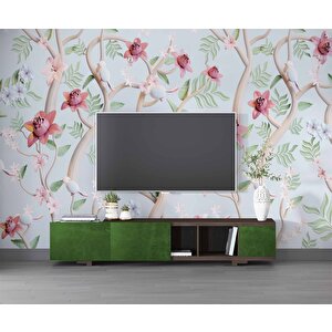 Yeşil Zemin Pembe Kırmızı Çiçek Desenli Duvar Kağıdı - Dkm911047 225x260 cm