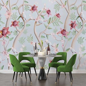 Yeşil Zemin Pembe Kırmızı Çiçek Desenli Duvar Kağıdı - Dkm911072