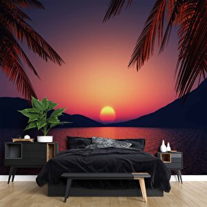 Günbatımı Deniz Ve Palmiye Manzaralı Duvar Kağıdı - Dkm757005 225x200 cm