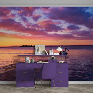 Mor Romantik Gece Deniz Kenarı Flamingo Temalı Duvar Kağıdı Baskı - Dkm607055