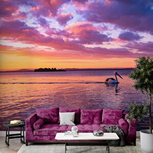 Mor Romantik Gece Deniz Kenarı Flamingo Temalı Duvar Kağıdı Baskı - Dkm607084 800x280 cm