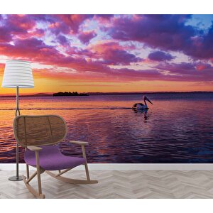Mor Romantik Gece Deniz Kenarı Flamingo Temalı Duvar Kağıdı Baskı - Dkm607084