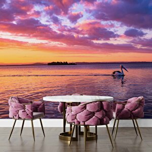 Mor Romantik Gece Deniz Kenarı Flamingo Temalı Duvar Kağıdı Baskı - Dkm607127