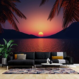 Günbatımı Deniz Ve Palmiye Manzaralı Duvar Kağıdı - Dkm757041 700x240 cm