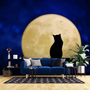 Kedi Ve Ay Temalı Duvar Kağıdı Baskı - Dkm625093 325x300 cm