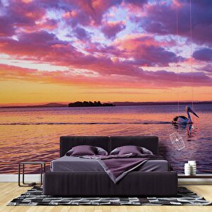 Mor Romantik Gece Deniz Kenarı Flamingo Temalı Duvar Kağıdı Baskı - Dkm607104 700x300 cm
