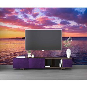 Mor Romantik Gece Deniz Kenarı Flamingo Temalı Duvar Kağıdı Baskı - Dkm607104 700x300 cm
