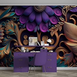 3 Boyutlu Mor Çiçek Desenli Duvar Kağıdı - Dkm774087