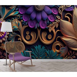 3 Boyutlu Mor Çiçek Desenli Duvar Kağıdı - Dkm774058