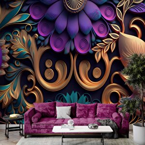 3 Boyutlu Mor Çiçek Desenli Duvar Kağıdı - Dkm774062 700x260 cm