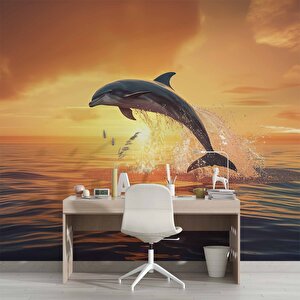 Gün Batımı Ve Yunus Balığı Temalı Duvar Kağıdı - Dkm665028