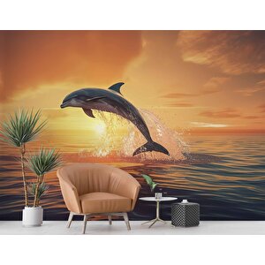 Gün Batımı Ve Yunus Balığı Temalı Duvar Kağıdı - Dkm665068